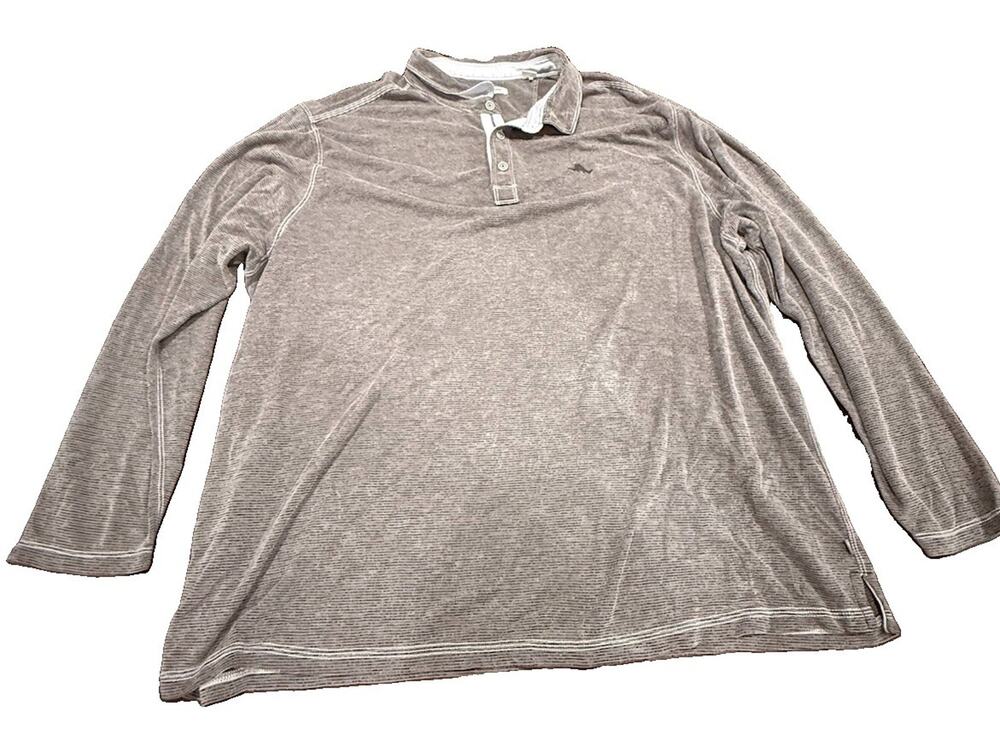 Tommy Bahama Mens 2XLB Gray Long Sleeve Polo Shirt Island Zone Casual Golf